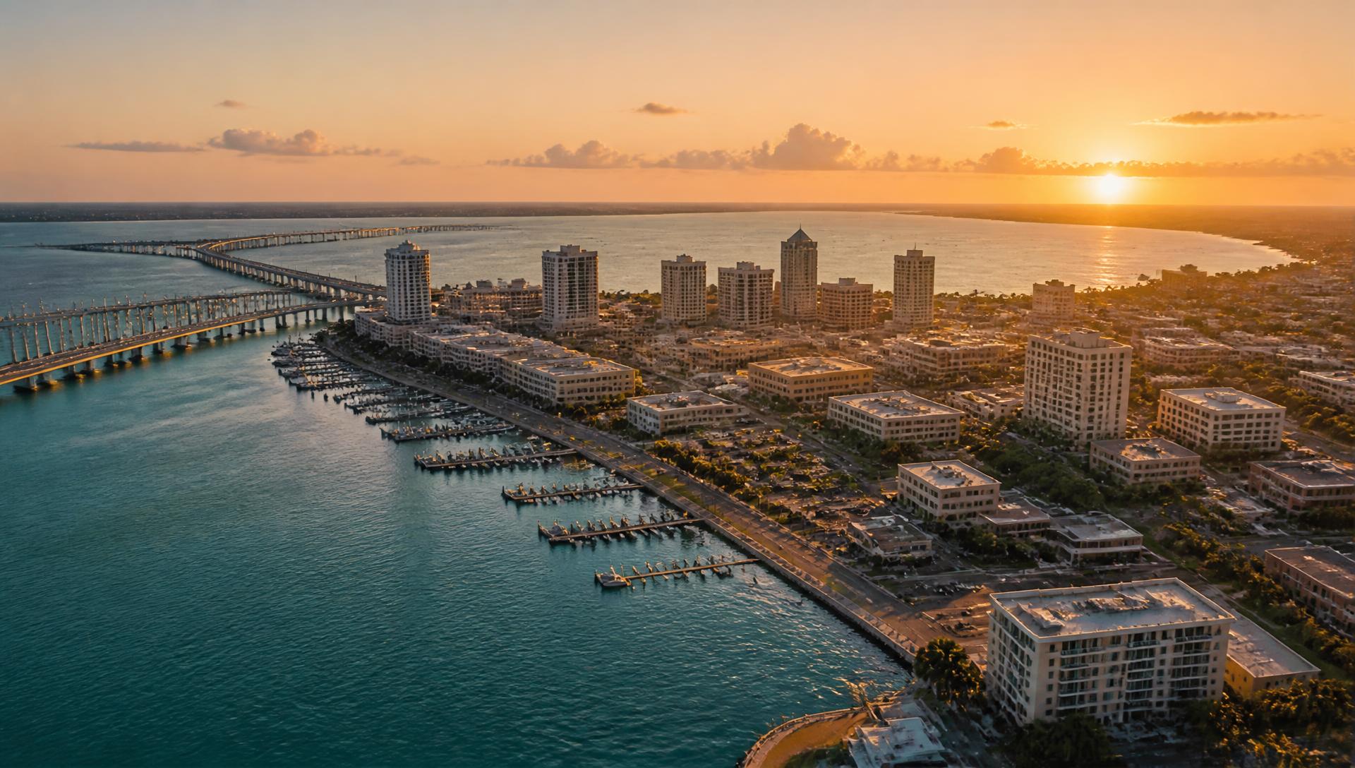 Aerial view of a Gulf Coast city waterfront at sunset